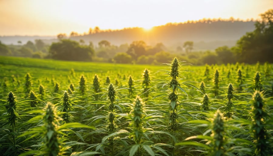 A vibrant hemp field with healthy plants growing under the sunlight, demonstrating carbon sequestration capabilities