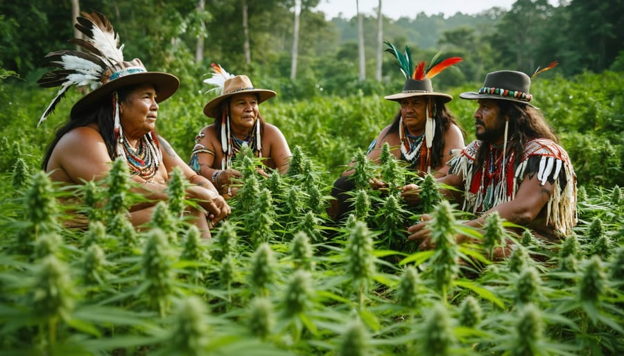 Indigenous community leaders collaborating with hemp farmers to promote sustainable practices