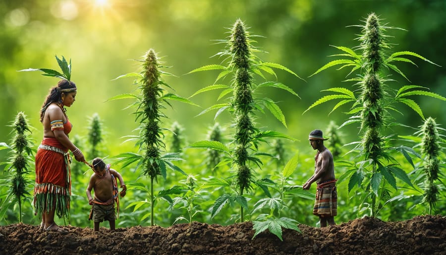 An illustration of a cooperative effort between Indigenous community members and hemp farmers, showcasing sustainable farming practices with robust hemp plants and symbolic elements depicting soil health and water efficiency.