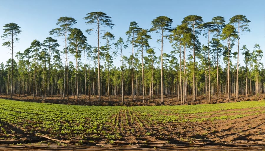 Aerial view of a deforested area used for farming purposes