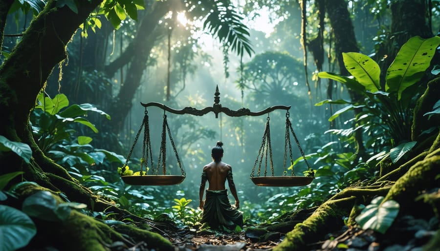 A conceptual image of a lush Southeast Asian forest showcasing kratom trees, with scales of justice embedded into the landscape and an Indigenous community member illustrating the harmony between legal advocacy and environmental sustainability.