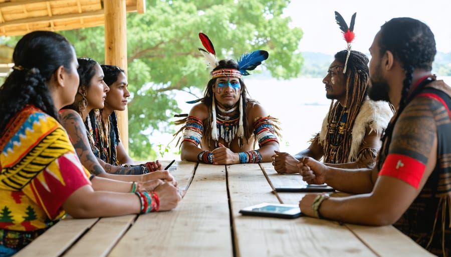 A group comprising legal advocates and Indigenous leaders discussing sustainable practices