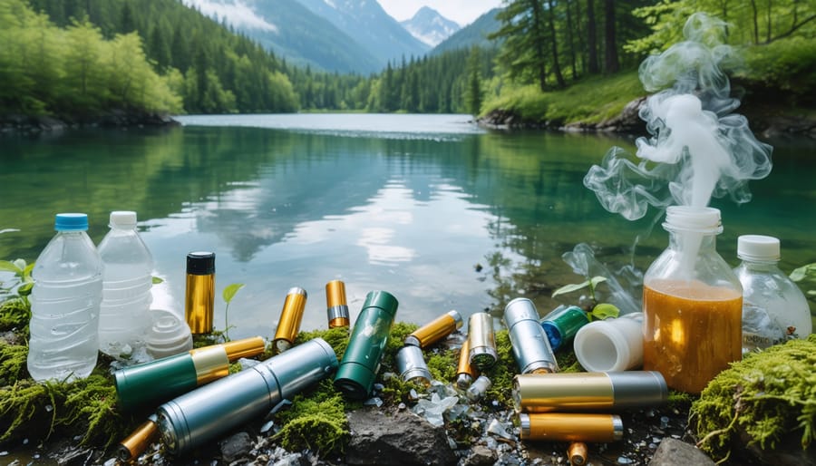 Serene Canadian landscape contrasted with vaping waste components such as cartridges, plastic casings, and batteries, highlighting the environmental impact of vaping.