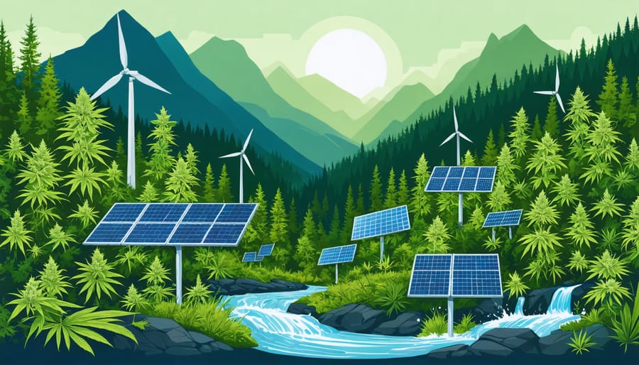 Conceptual image showing cannabis cultivation integrated with sustainable practices like solar panels and wind turbines, alongside traditional Indigenous symbols, set in a lush Canadian landscape.