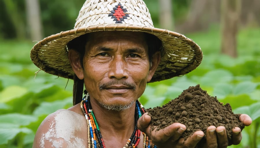 Local farmer applying natural fertilizers and showing sustainable soil practices