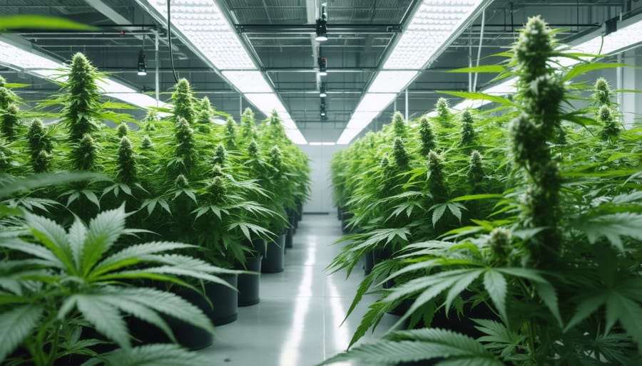 Modern indoor cannabis grow facility showing rows of plants under energy-efficient LED lights