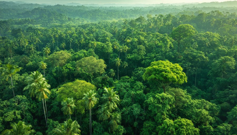 Aerial view showcasing harmonious integration of kratom plants within a diverse Southeast Asian forest, illustrating sustainable farming practices that conserve biodiversity.