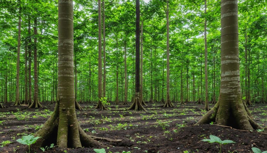 Diverse forest ecosystem with kratom trees growing alongside other vegetation