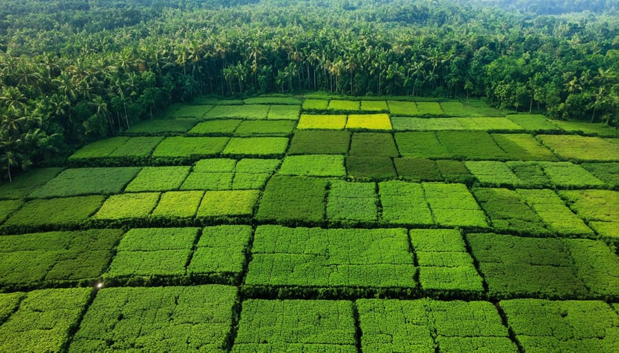 Aerial photograph contrasting cleared kratom farming land with surrounding forest